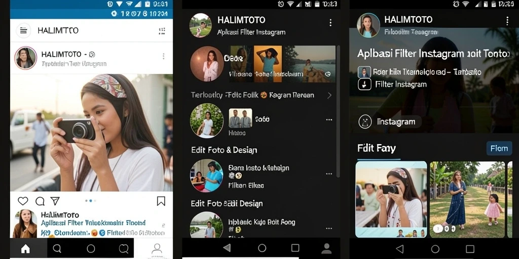 Antarmuka HALIMTOTO menampilkan berbagai pilihan filter Instagram yang menarik.